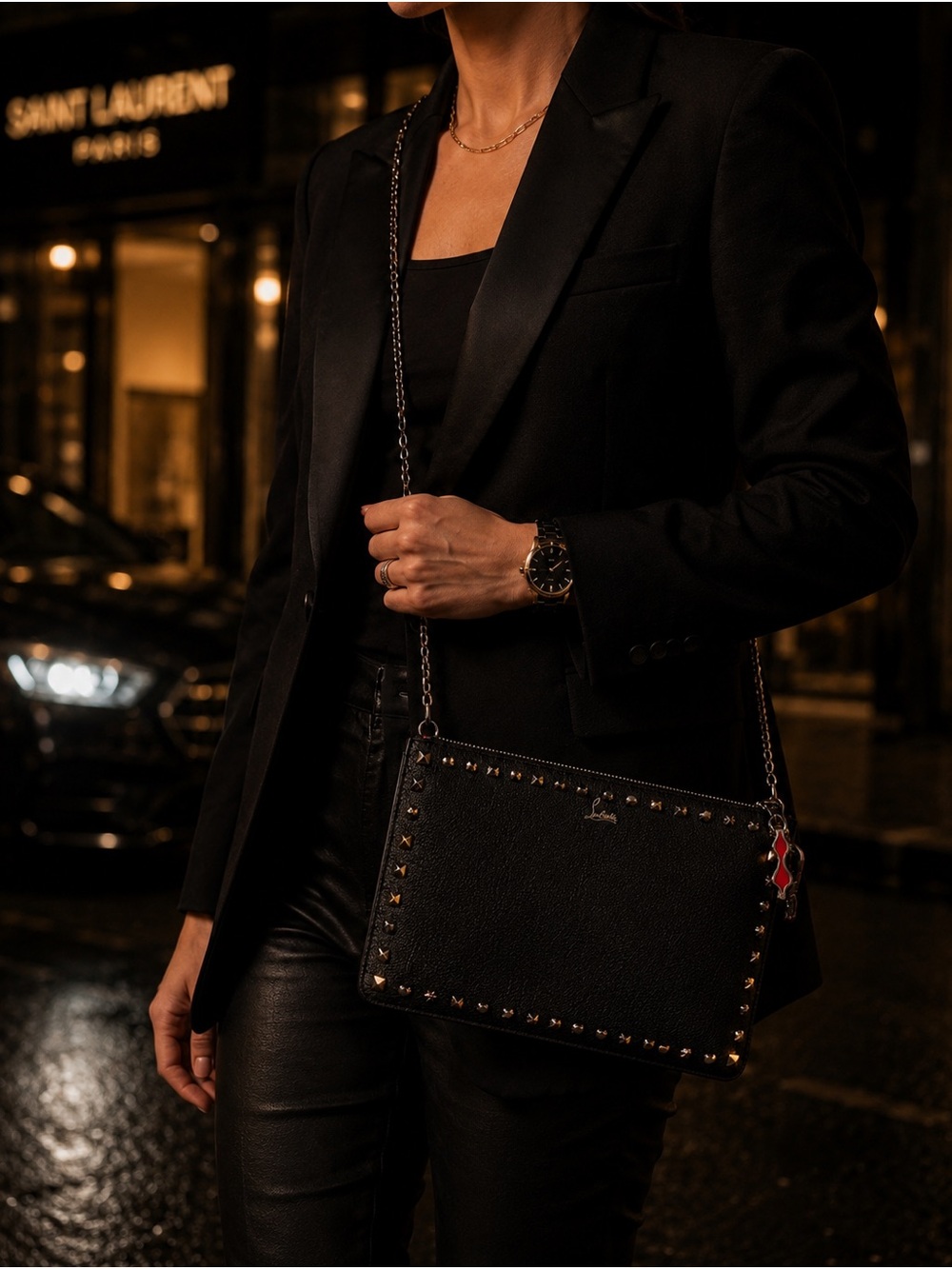 Christian Louboutin Black Studded Leather Wristlet Clutch Chain Pouch Black Red - Picture 2 of 9